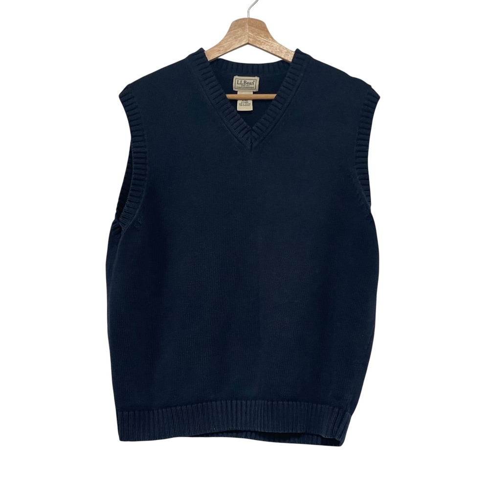 LL Bean Mens V-Neck Sweater Vest Navy Blue 100% Cotton Size M-REG FW80